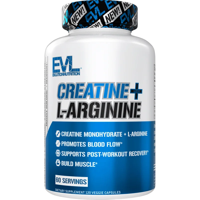 EVL Nutrition Creatine + L-Arginine Capsules, front of package