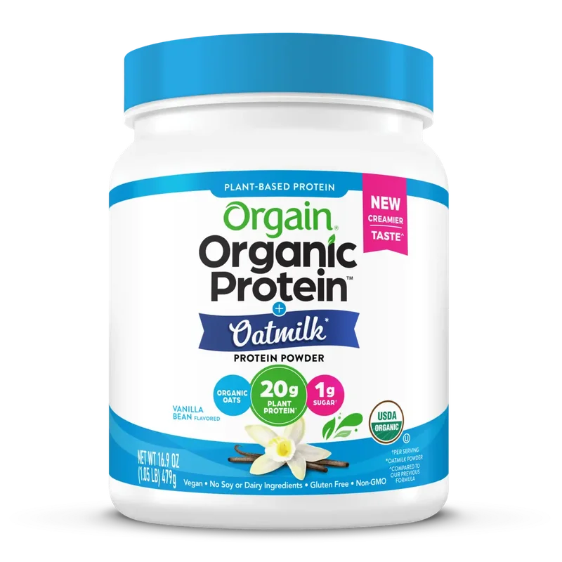 Orgain Organic Protein + Oatmilk Plant Based Protein, front of package