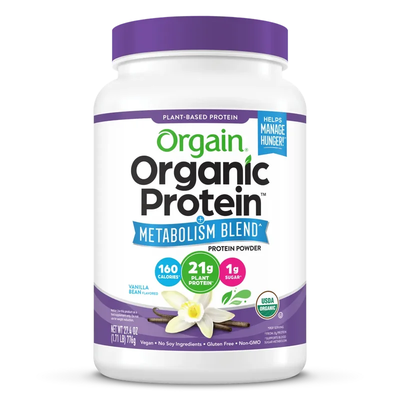 Orgain Organic Protein Powder + Metabolism Blend, front of package
